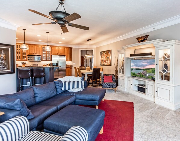 Smart TV, fireplace, DVD player, books