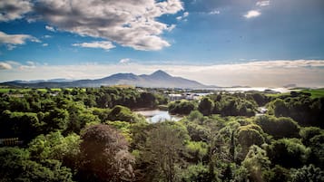 Un paysage montagneux avec une rivière, une végétation luxuriante et un ciel dégagé.