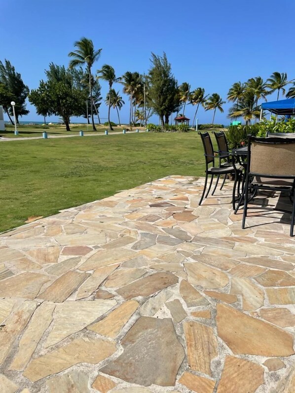 A stone patio with a lawn and chairs, palm trees, and a view of the ocean.