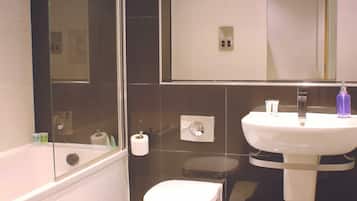 Designer toiletries, hair dryer, towels, soap