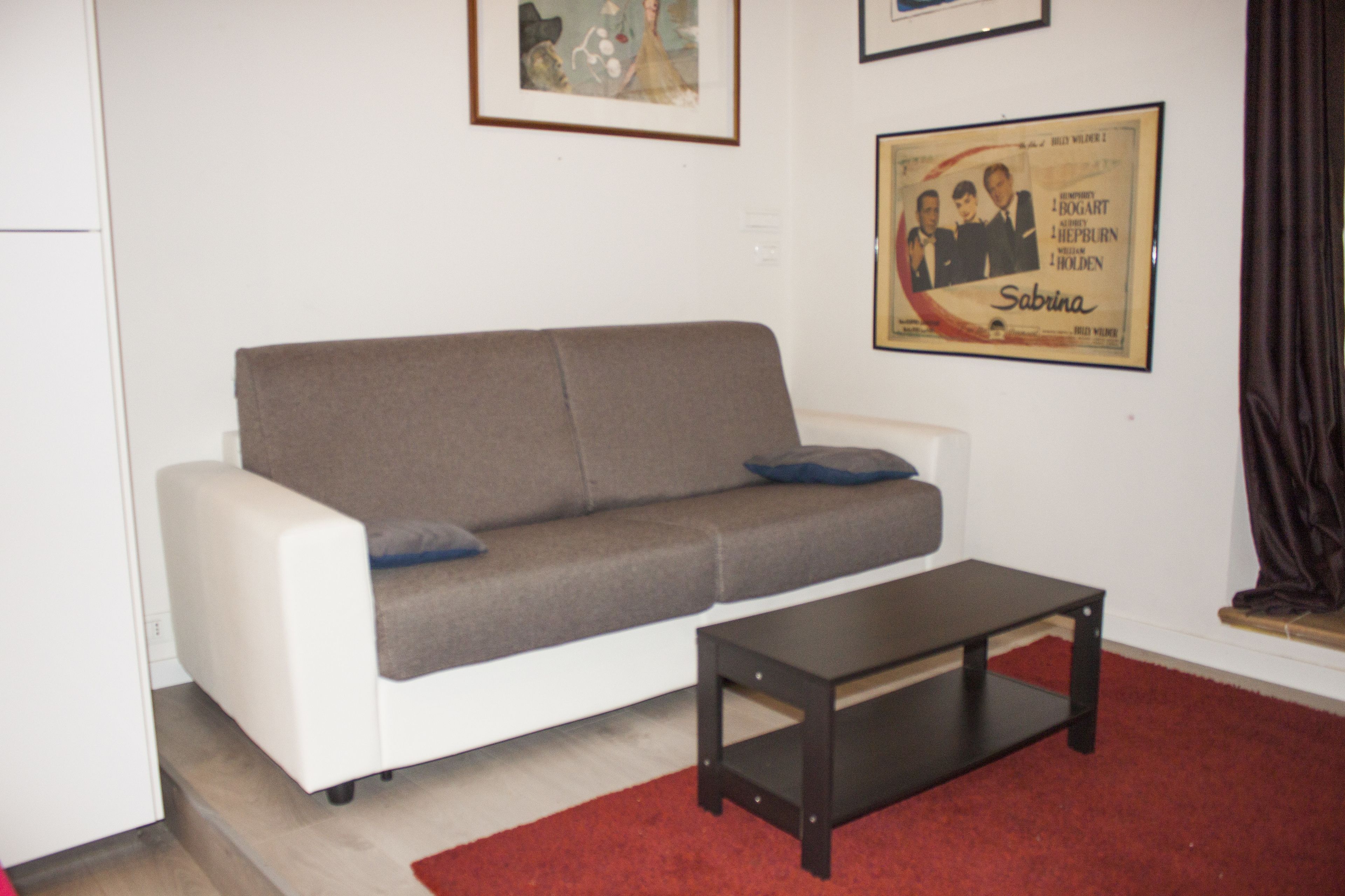 Ett vardagsrum med en vit soffa, ett litet svart bord och en röd matta.
