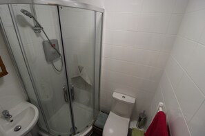 A bathroom with a glass-enclosed shower, a sink, and a toilet.