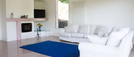 A modern living room with a white sofa, a blue rug, a fireplace, and a television.
