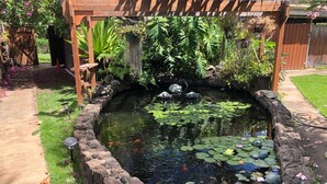 A garden pond with a stone border, surrounded by various plants and a wooden pergola. - Makaha on the Beach-Back in Time =Direct Oceanfront & Cove (Waianae)