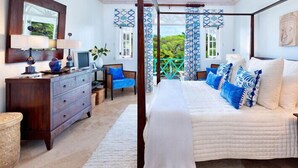 A bedroom with a four-poster bed, a wooden dresser, a desk, and a chair. - Villa Moon Dance (Paynes Bay)