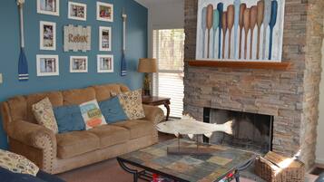 Smart TV, fireplace, video games, DVD player