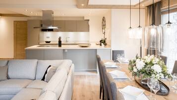 Apartamento, 4 quartos, sacada | Ărea de estar | Smart TV, lareira