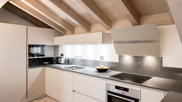 Appartement, 4 slaapkamers, balkon | Privékeuken | Een koelkast met diepvriezer, een microgolfoven, een oven, een kookplaat