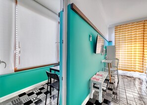 Desk, blackout curtains, soundproofing, free WiFi