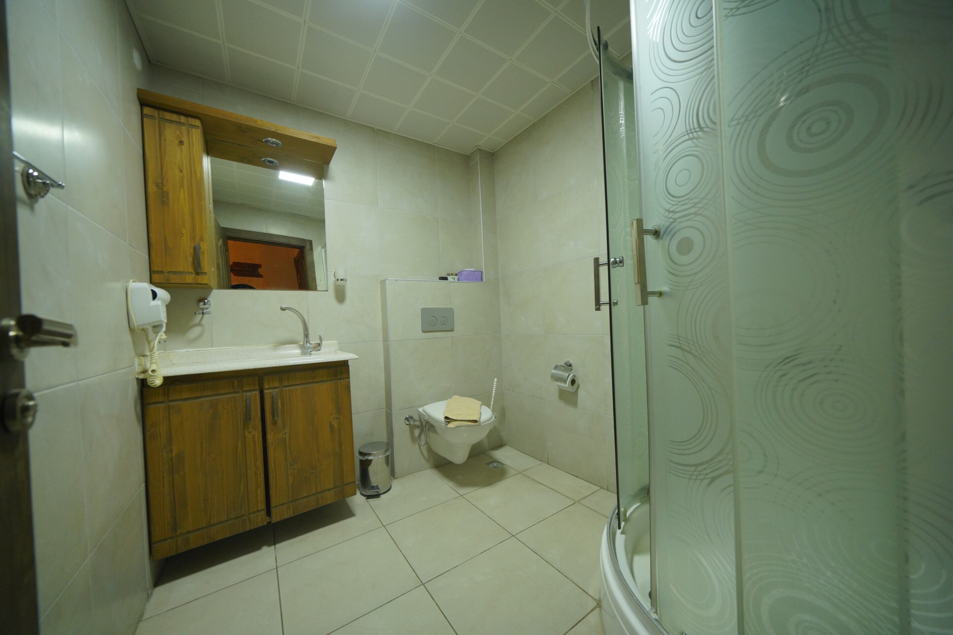 A bathroom with a toilet, sink, and shower area.