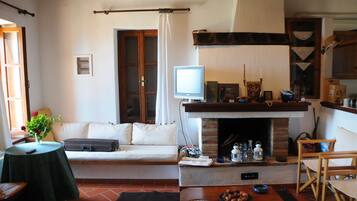 TV, fireplace, books, offices