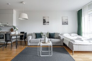 Superior Apartment, 1 Bedroom, Sauna, Lake View | Living room | 55-inch Smart TV with cable channels, TV