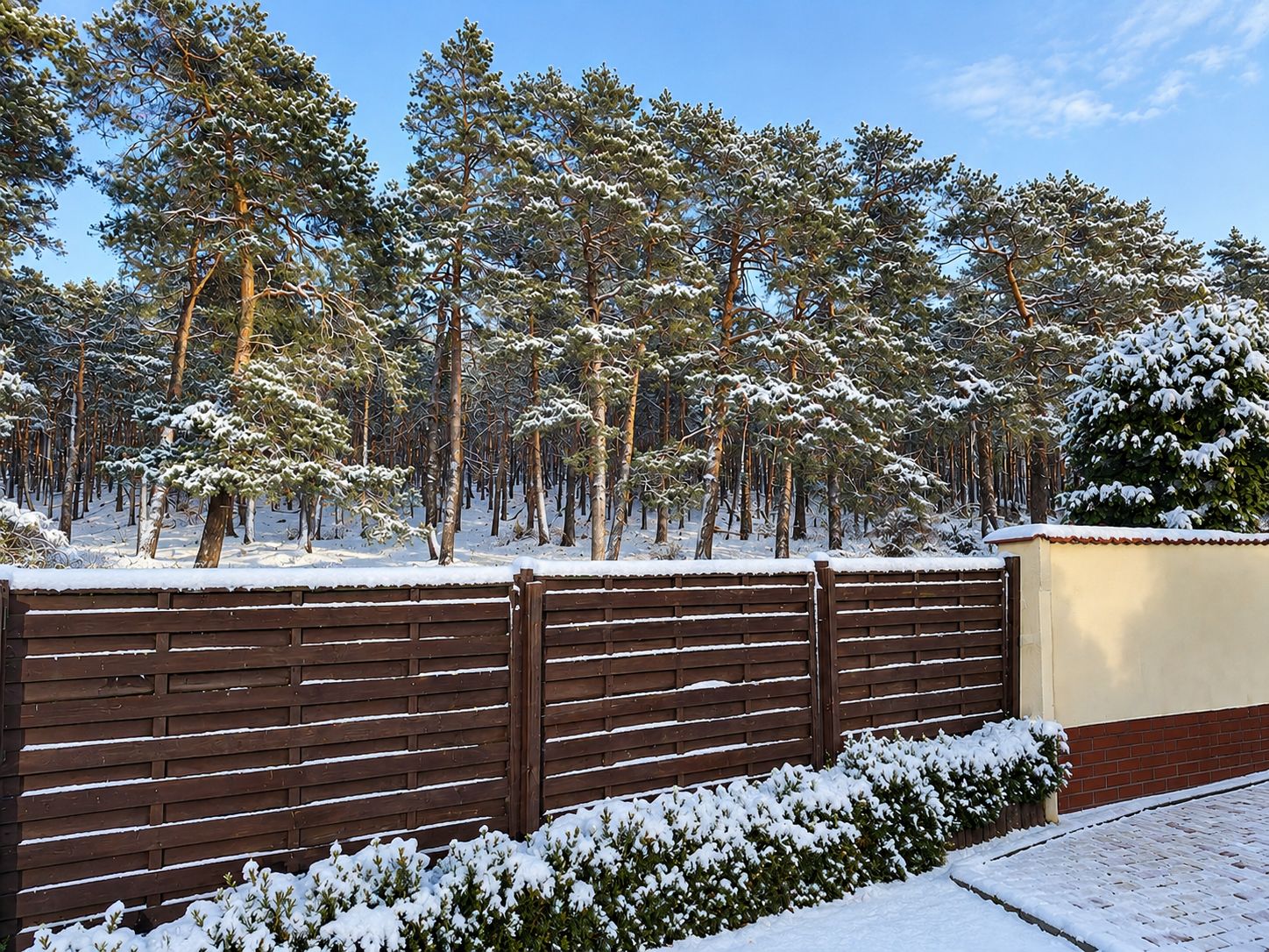 A snow-covered landscape with a wooden fence and a building in the background.