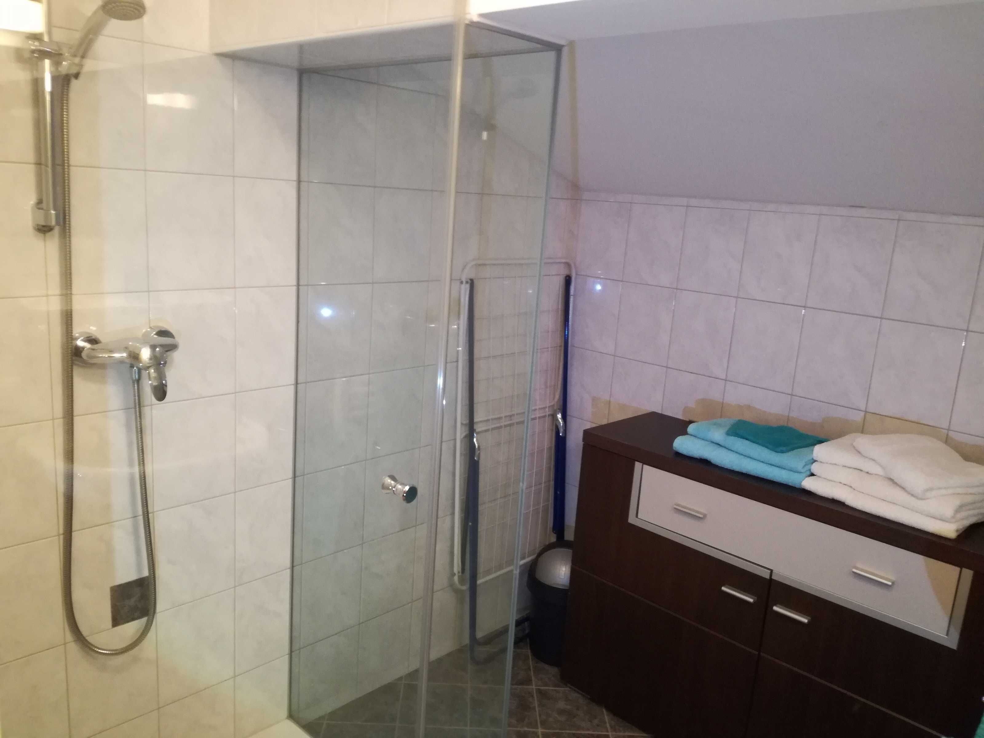 A bathroom with a glass-enclosed shower, a vanity with a mirror, and a stack of towels.