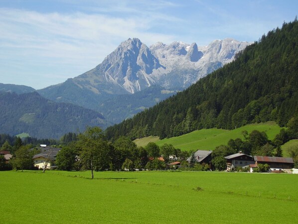 A rural landscape with a mountain, houses, and green fields. - Apartment Edelweiss-Olgurt (Weng)