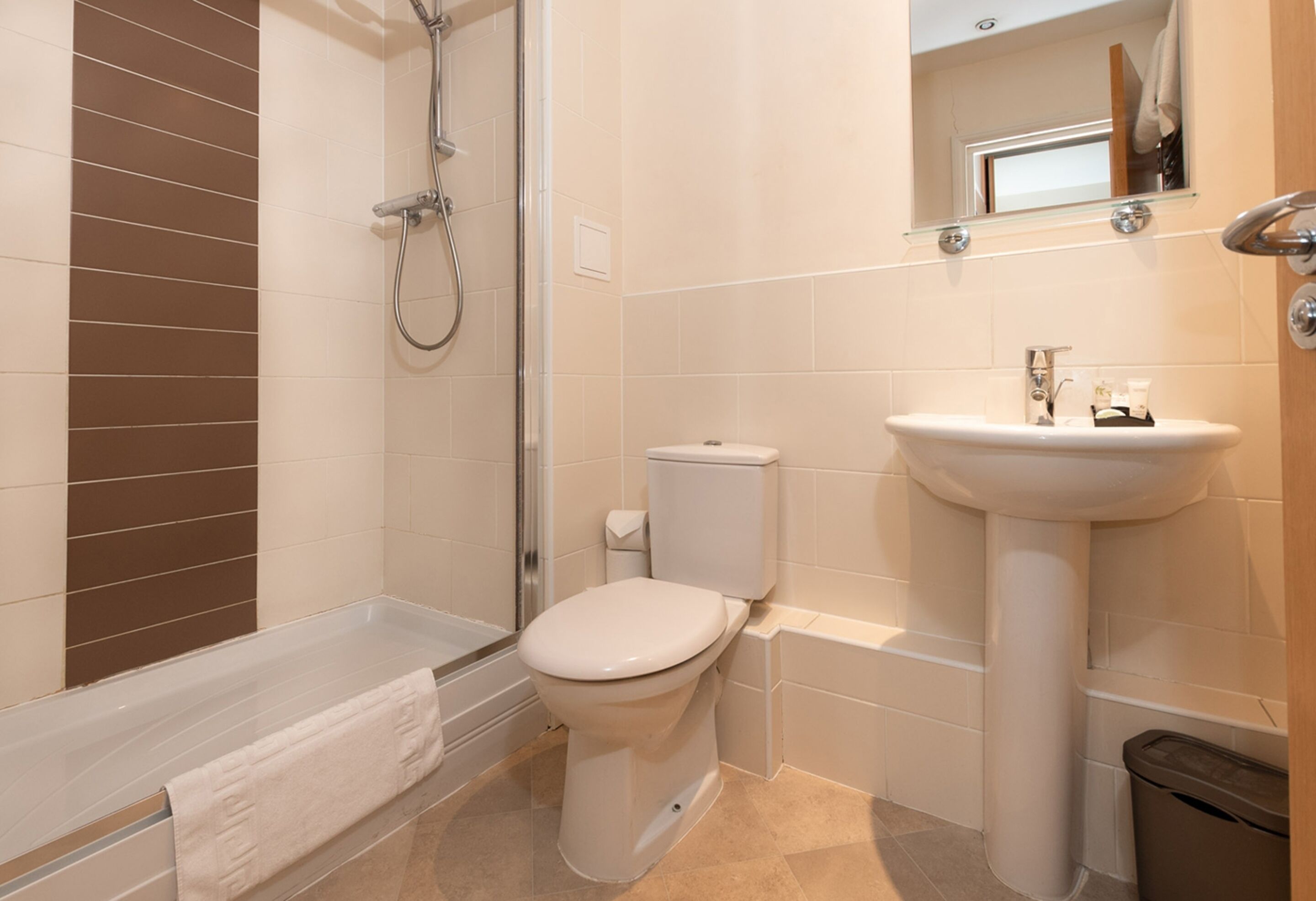 Een badkamer met een douche, toilet, wastafel en een spiegel boven de wastafel.