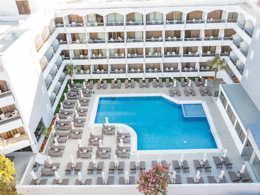 Outdoor pool, pool umbrellas, pool loungers