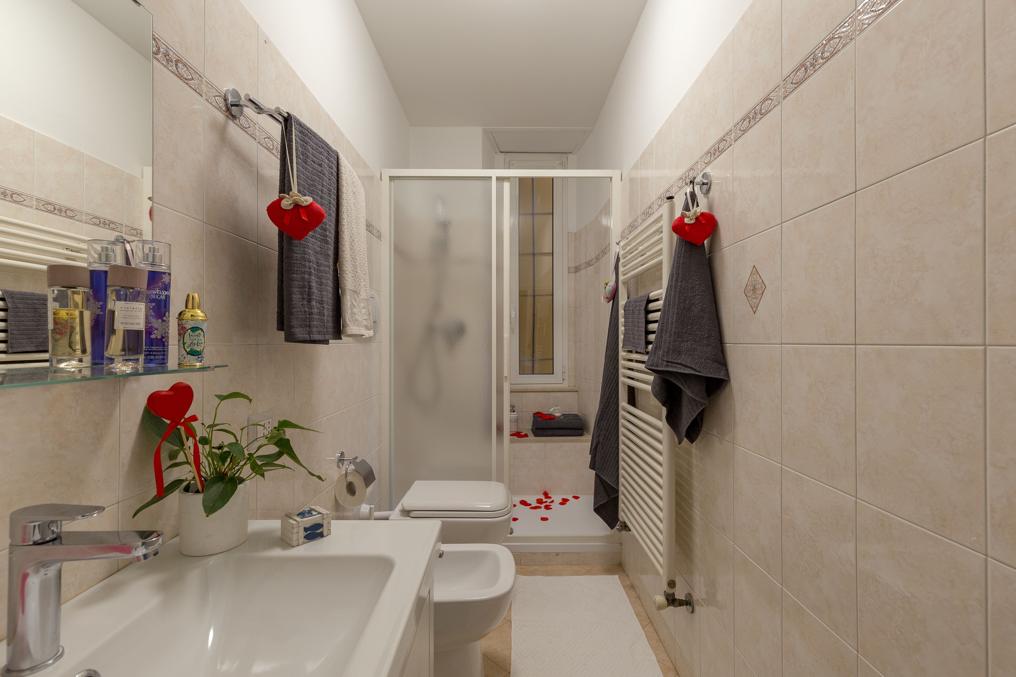 Une salle de bain avec une douche, des toilettes, un lavabo et une plante en pot.