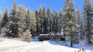 A cabin surrounded by snow-covered trees.