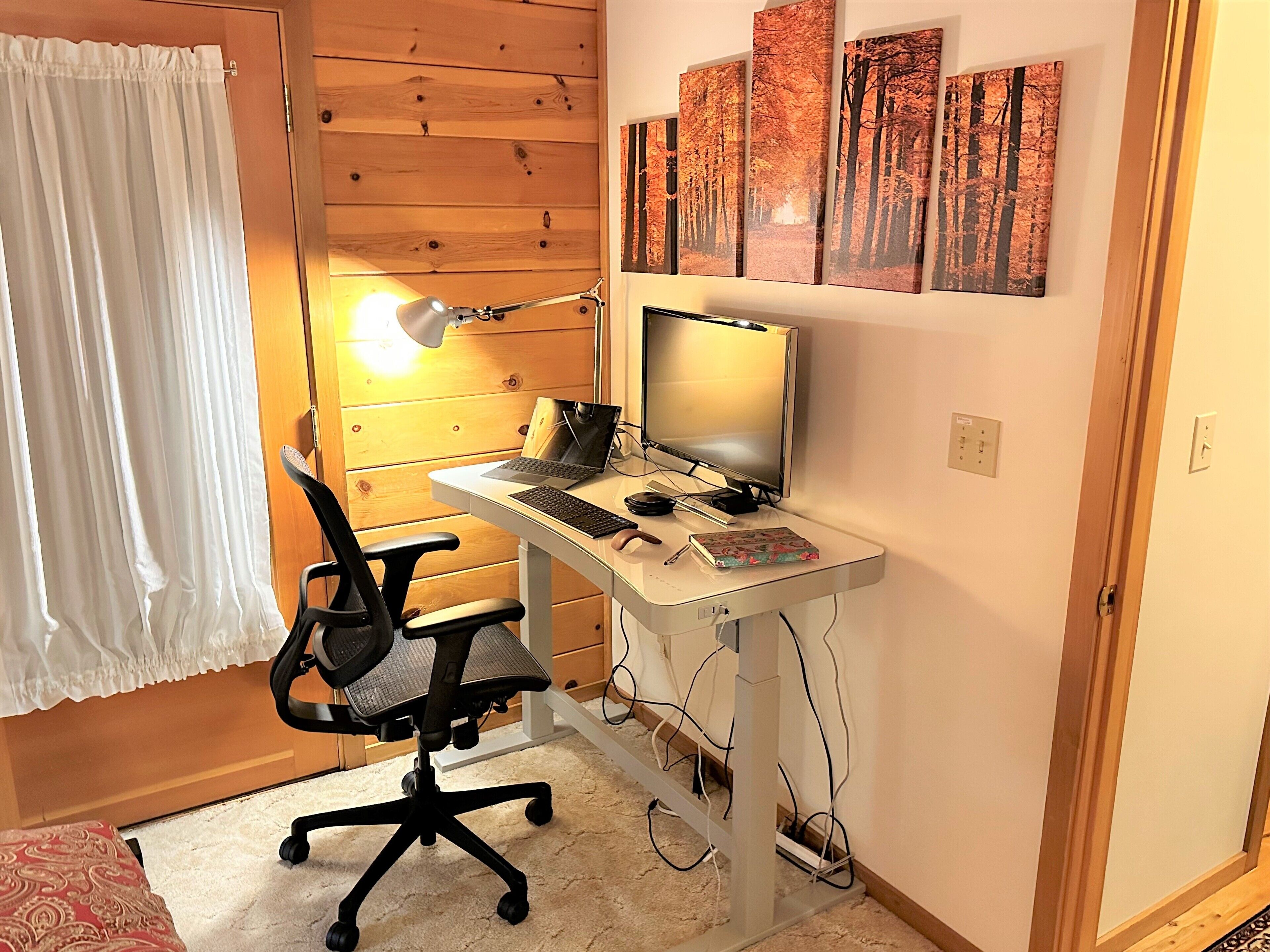 A home office with a desk, computer, chair, lamp, and artwork on the wall.