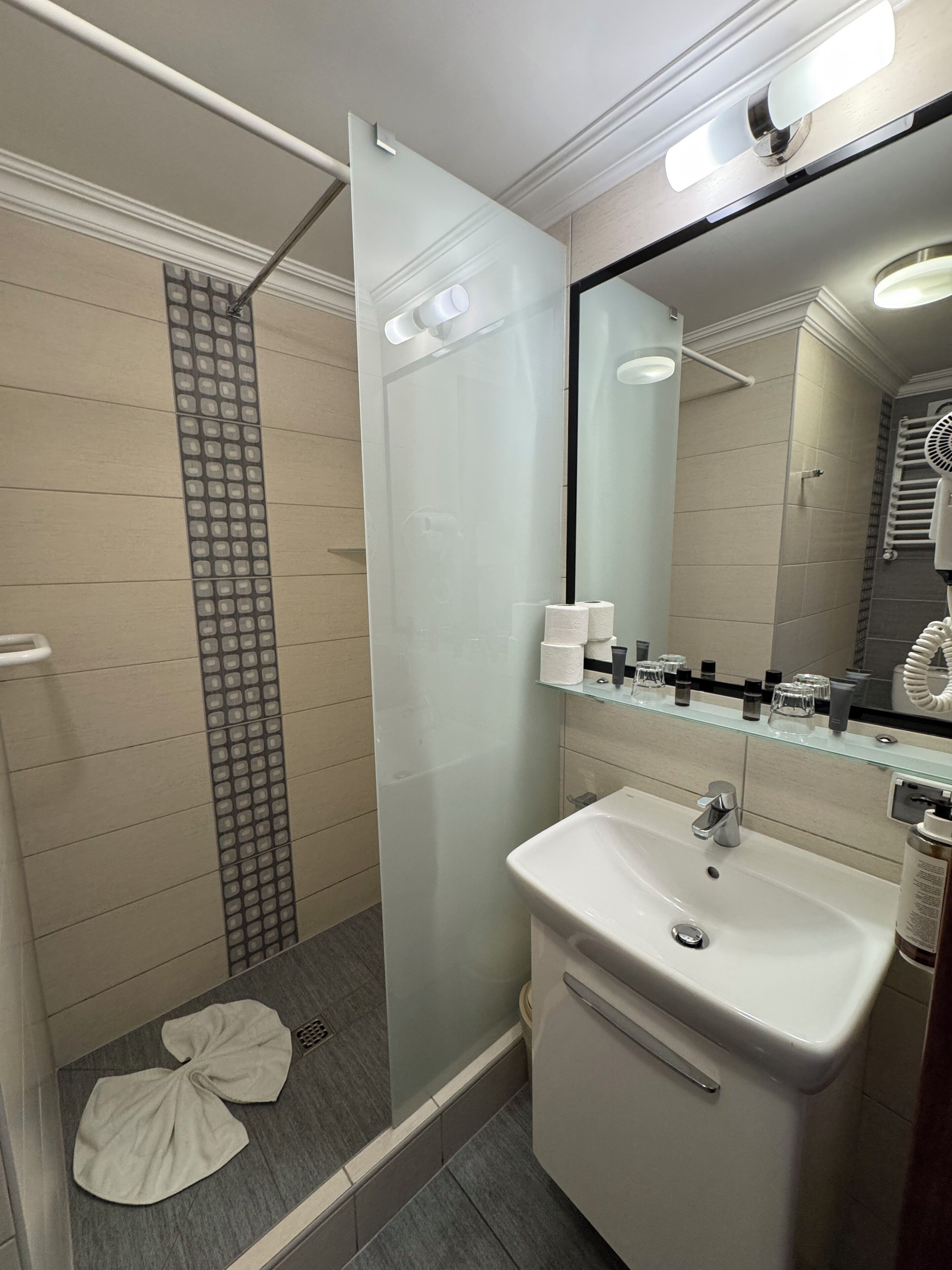 A modern bathroom with a glass shower enclosure, a white sink, and a mirror above it.