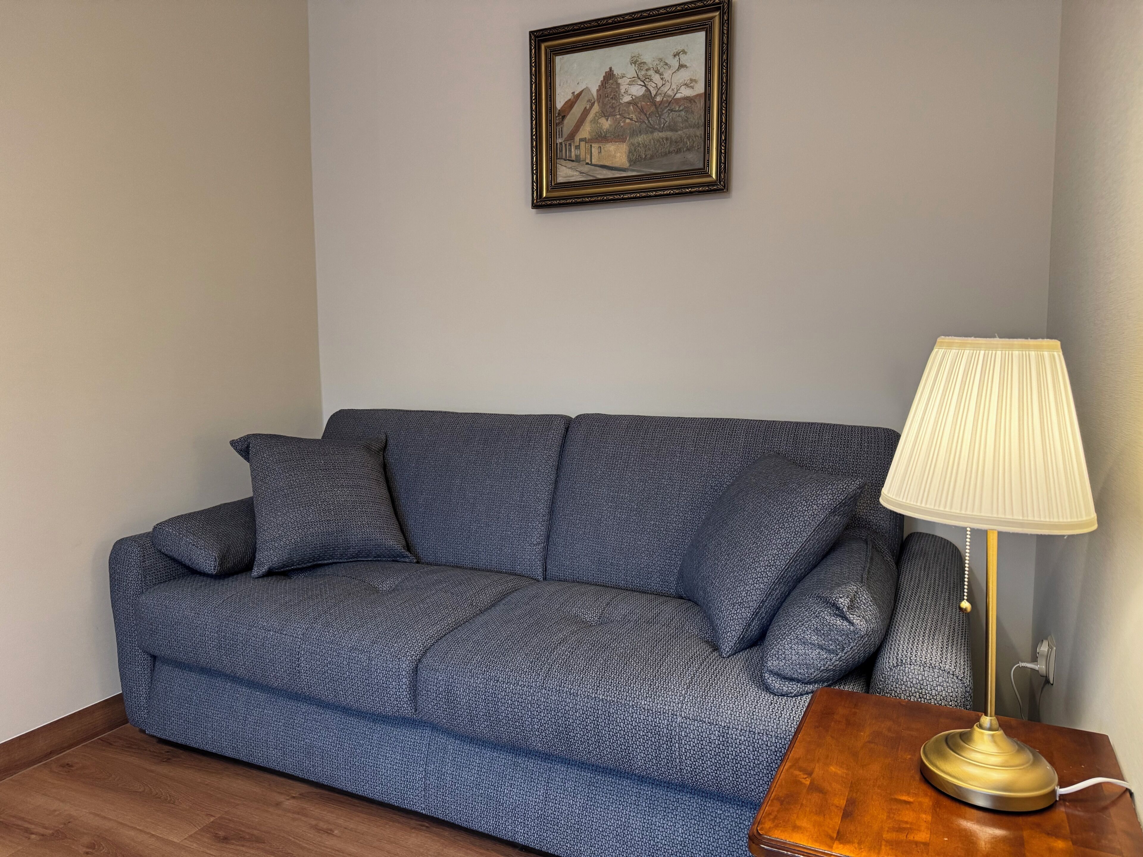 A room with a blue patterned sofa, a wooden side table with a lamp, and a framed picture on the wall.