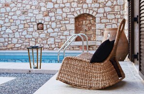 Outdoor pool, pool umbrellas, pool loungers