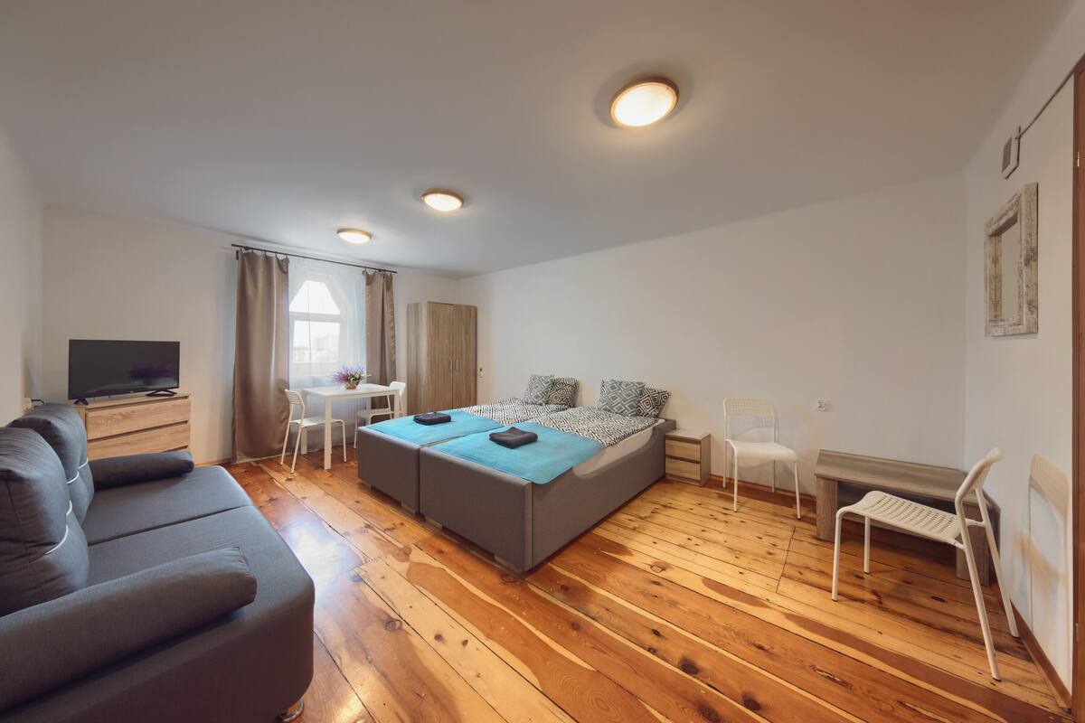 A modern bedroom with a sofa, a bed, a desk, and a TV.