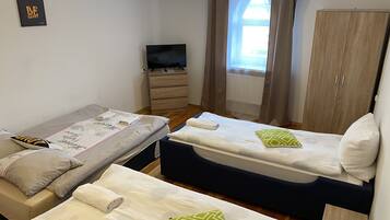 A room with two beds, a TV, a wardrobe, and a window with curtains.