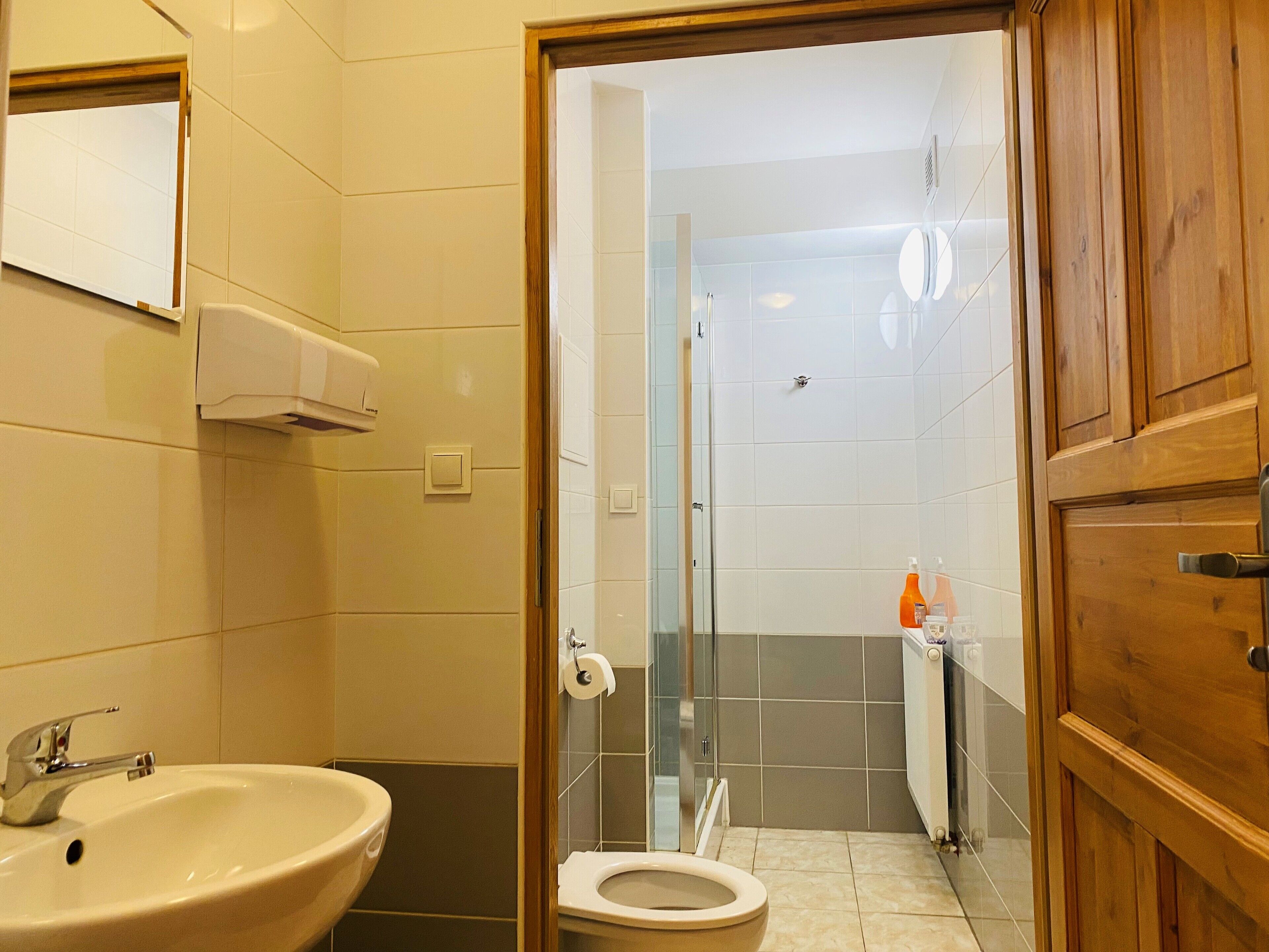 Shower, free toiletries, hair dryer, towels