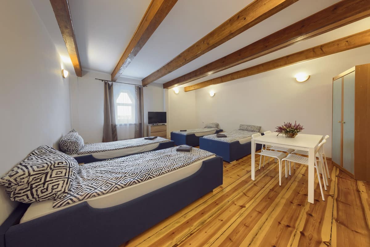 A room with two beds, a dining table, and a TV.