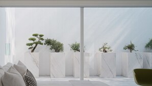 Una habitación moderna con un sofá blanco, una silla verde y vistas a un jardín minimalista con bonsáis.