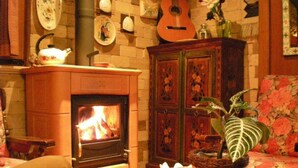 A cozy living room with a fireplace, a guitar, and a potted plant. - Hotel Cercone (Caramanico Terme)