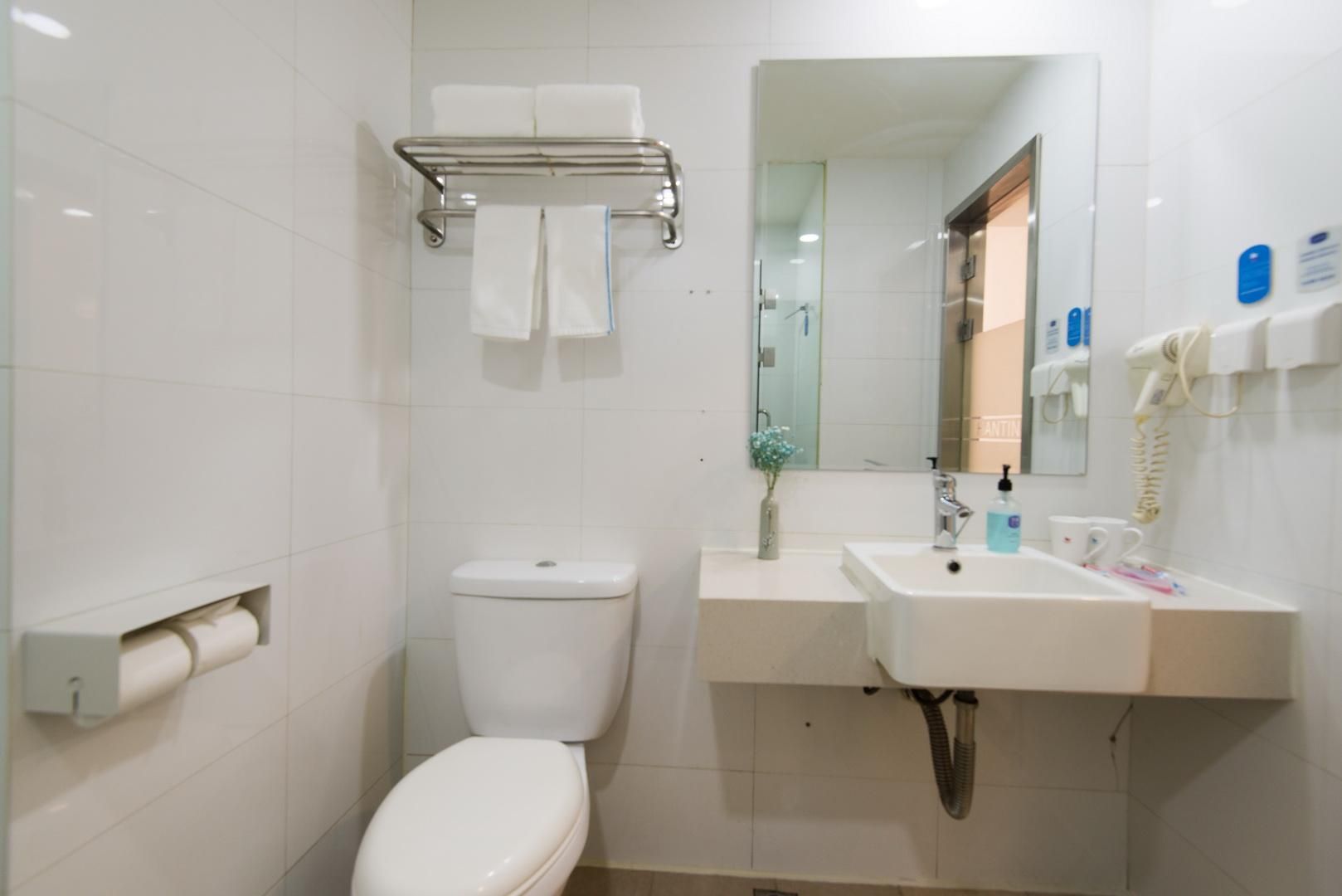 Un baño con inodoro, lavamanos, espejo y toallero.
