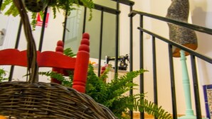 A wicker basket filled with oranges, a red chair, and a staircase with a teal handrail. - Pensión San José (Granada)