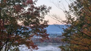 Un paysage boisé avec un lac et des montagnes à l’horizon.