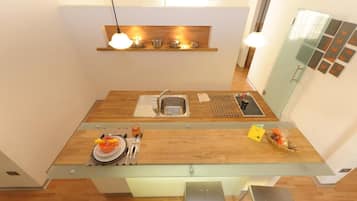 Fridge, microwave, stovetop, coffee/tea maker