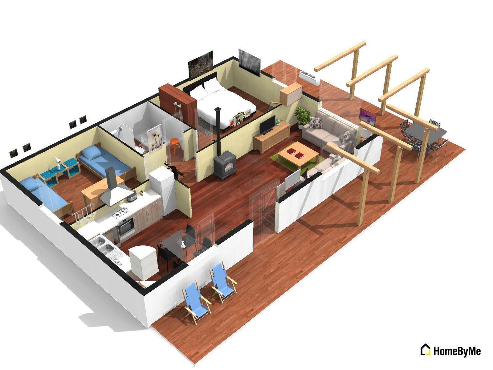 Een 3D-plattegrond van een modern appartement met een keuken, een eethoek, een woonkamer en een balkon met een houten pergola.