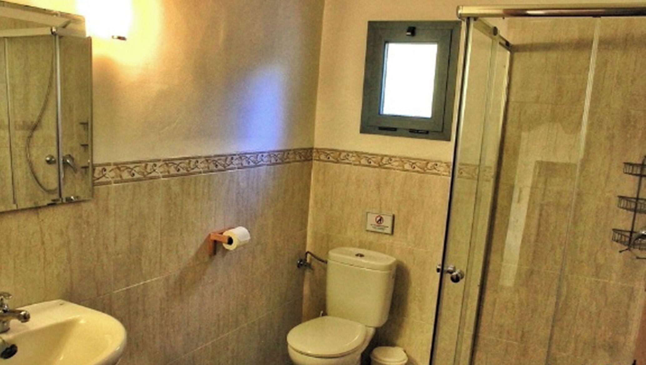 Een badkamer met een wastafel, toilet en douche.