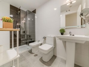 Shower, hair dryer, towels, toilet paper