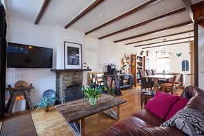 Smart TV, fireplace, video games, DVD player