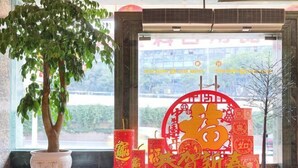 Een potplant, rode lantaarns en een decoratief bord met Chinese karakters.
