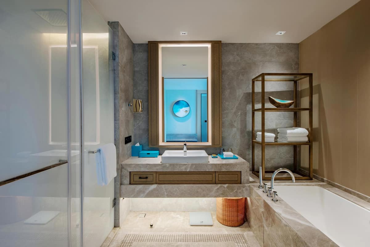 Separate tub and shower, free toiletries, hair dryer, bathrobes