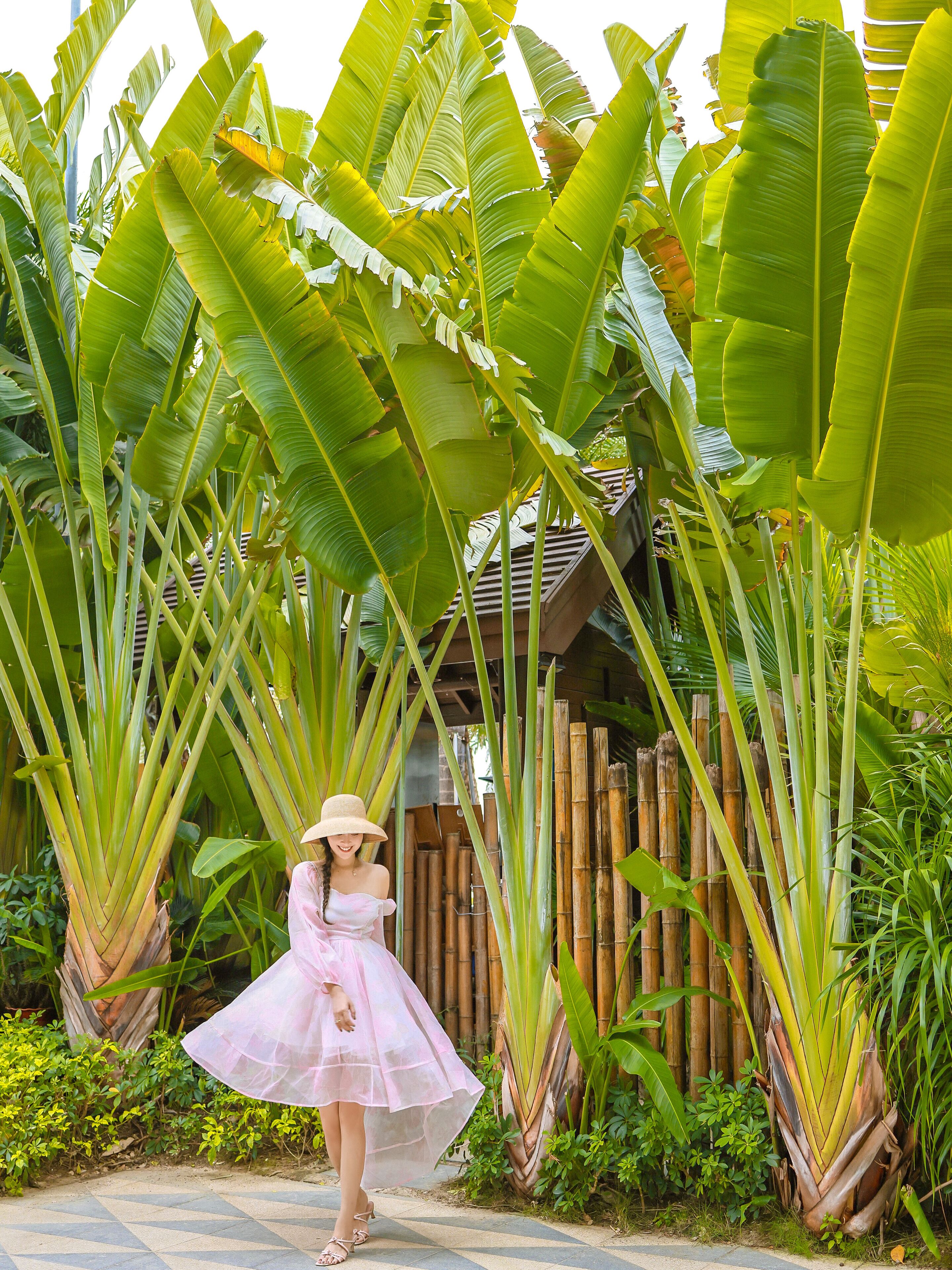 A person in a garden with large banana leaves and a bamboo fence.