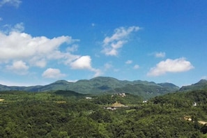 A mountainous landscape with scattered buildings amidst dense greenery. - Taimei Holiday Hotel (Chongqing)