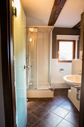 A bathroom with a glass shower enclosure, a sink, and a window. - Landhotel Im Hexenwinkel (Wiernsheim)