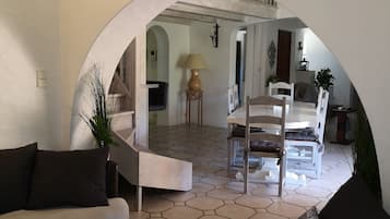 Télévision, cheminée, lecteur de DVD, livres