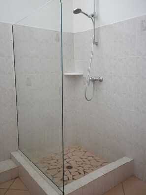 Shower, hair dryer, towels, toilet paper