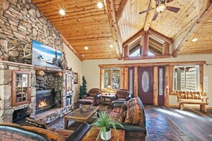 Una televisión, una chimenea, un reproductor de DVD