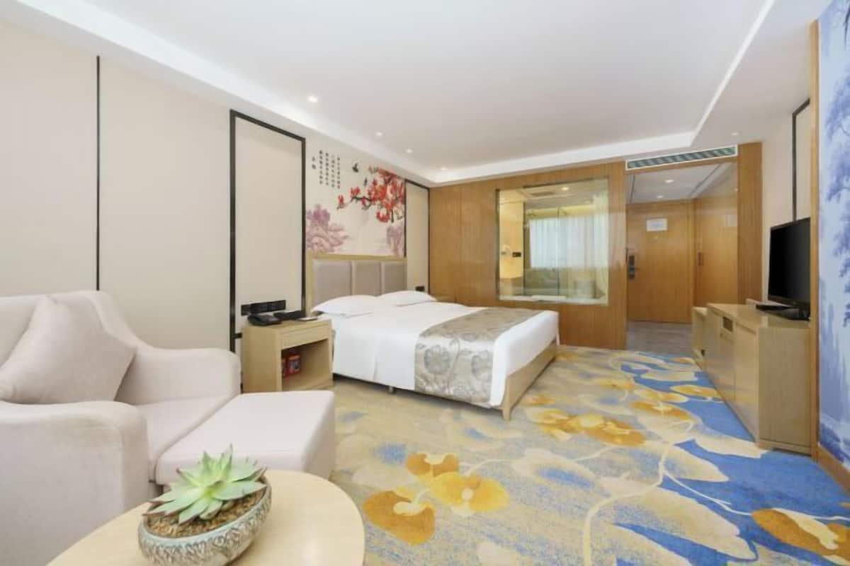 Une chambre d’hôtel avec un lit, un canapé, une petite table sur laquelle est posée une plante, un téléviseur et une moquette à motifs floraux.